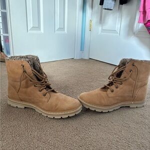 tan cliffs booties with a “sweater” trim